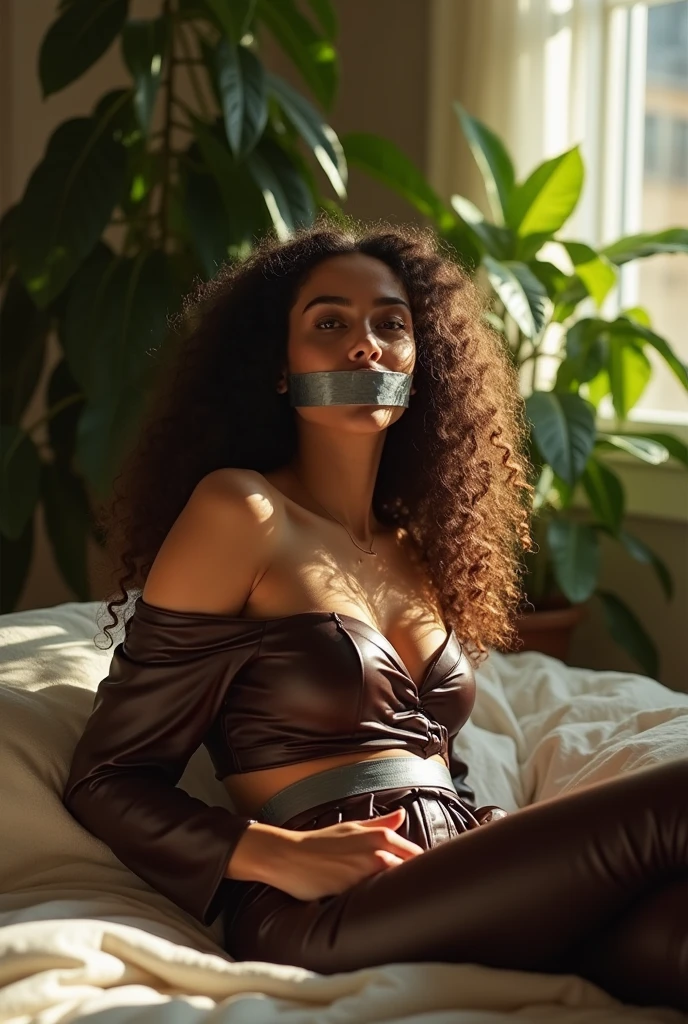 (photorealism:1.2), beautiful woman, she is lying on the bed, wearing loose off-shoulder leather top, pajama leather pants, long curly hair, mouth tied, hands tied behind her back, silver tape, duct tape, gagged, indoors, soft lighting, plants in background, window with sunlight, cozy room, relaxed pose, realistic, intricate details, warm colors,