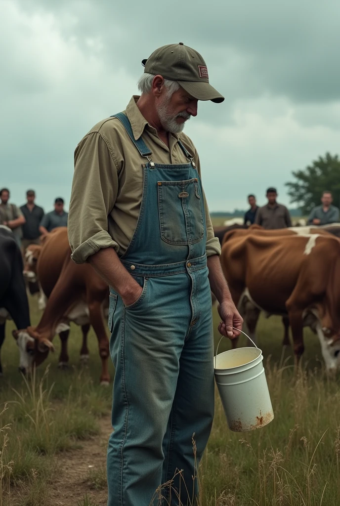 Make me an image where the dairy farmer is frowned upon and judged for having contaminated milk