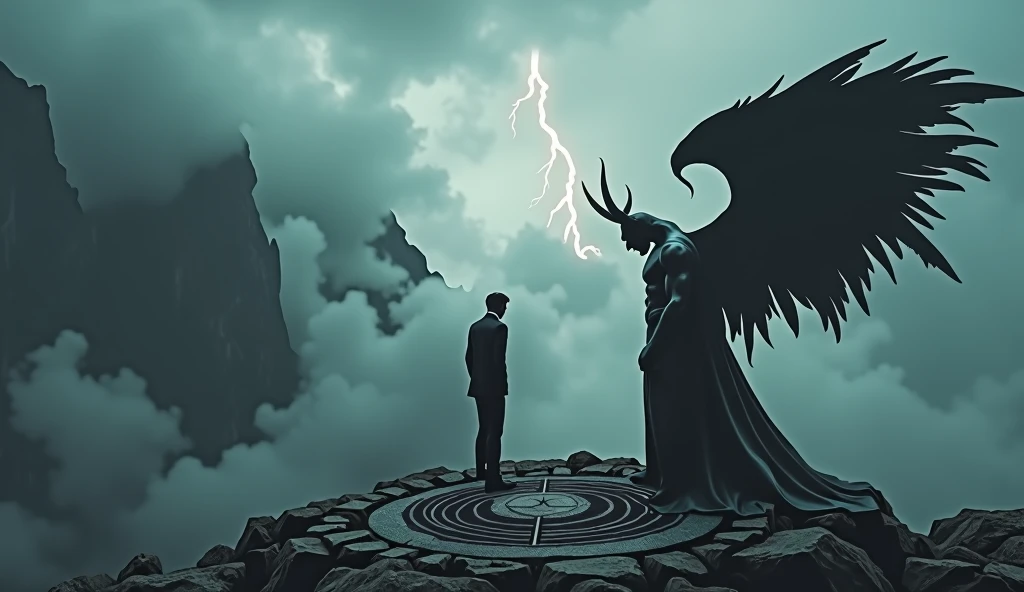 The Antichrist in a suit on an isolated mountain, bowing to the devil with fallen angel wings, in an evil invocation ritual (1920x1080, high details, landscape)