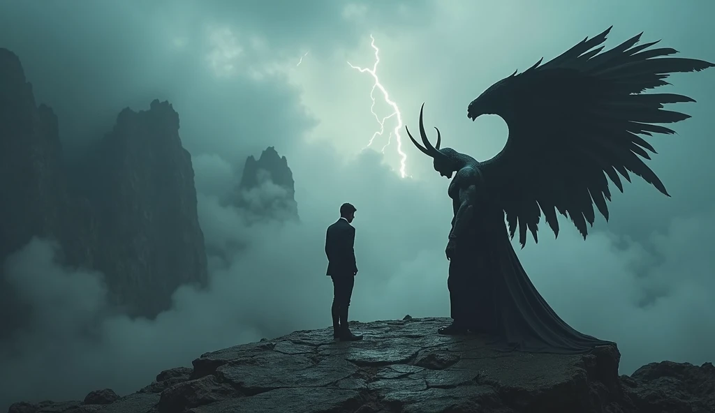 The Antichrist in a suit on an isolated mountain, bowing to the devil with fallen angel wings, in an evil invocation ritual (1920x1080, high details, landscape)