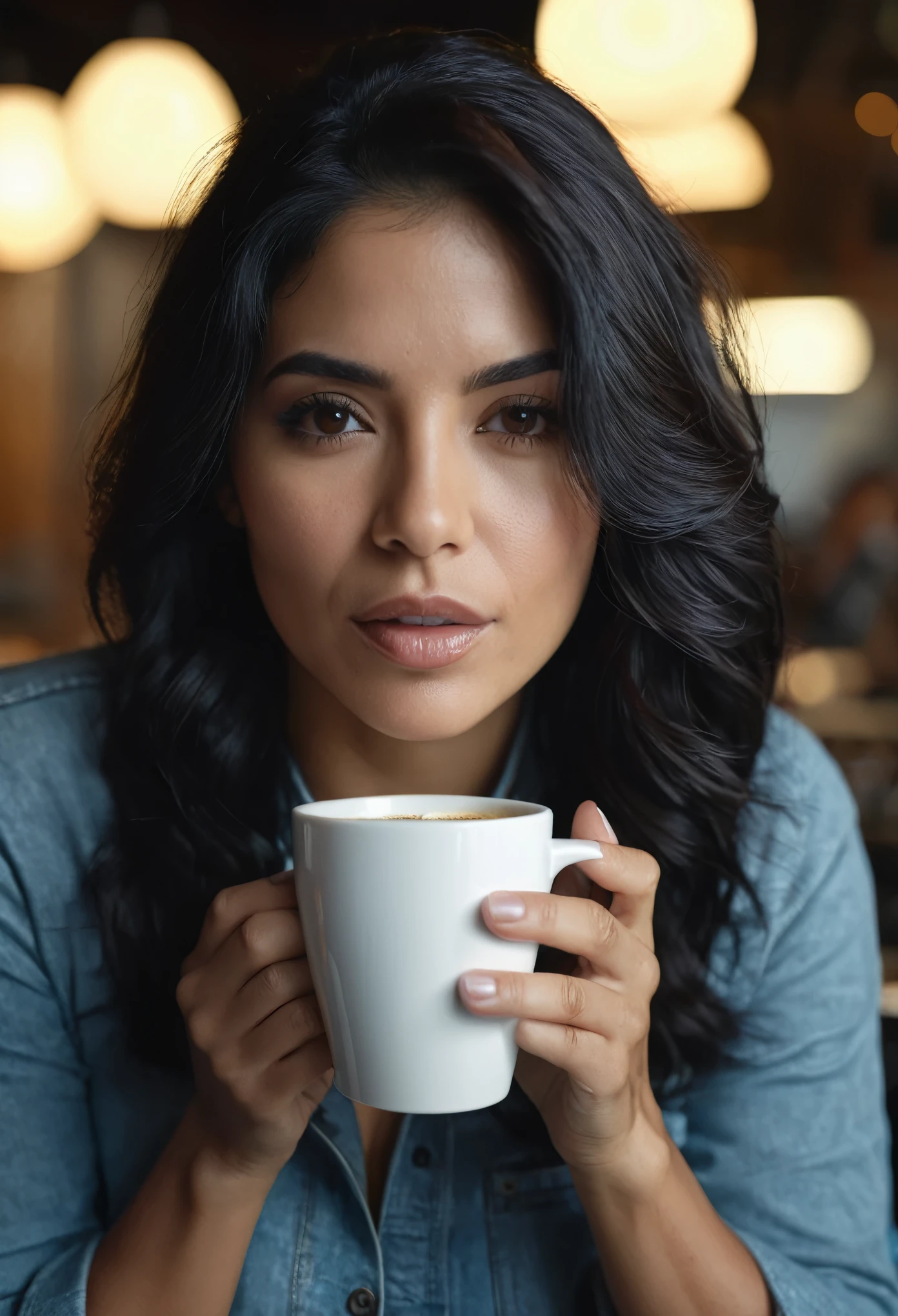 black haired latina woman drinking coffee, High detail, cinematic lighting, ray tracing, point of view, Shots at eye level, hyper high definition, masterpiece, textured skin, 4k, Best Quality, perfect hands