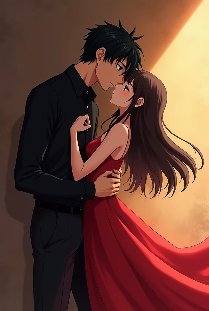 Anime scene: a boy who is 5'8 height young adult boy wearing black shirt and pant formally who has pused a girl who is 5'3  height wearing a red dress into the wall,boys left hand is on the wall and girls hand is on his shirts collor, they are about to kiss , focus the boy and girl, make it more beautiful 