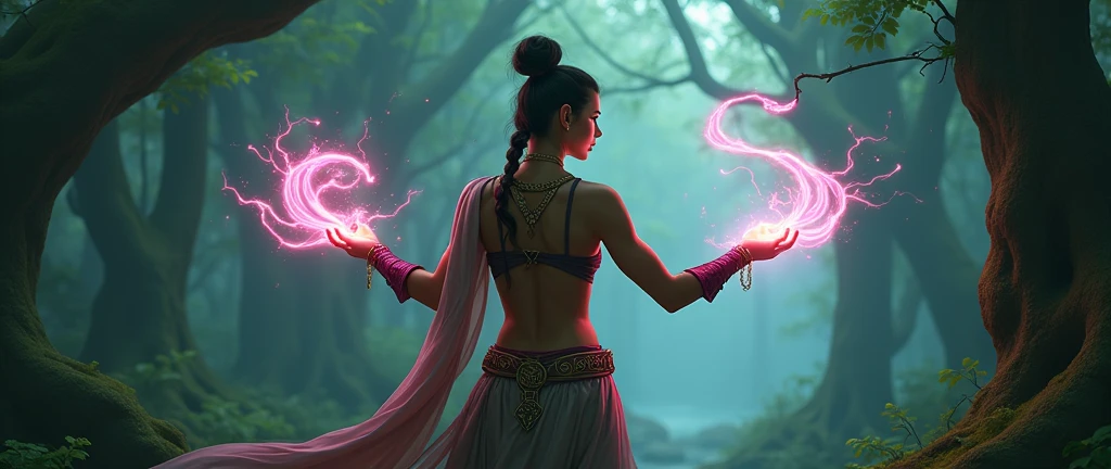 An elf mage in the guise of Chun-Li, in a dark and gloomy forest. She wears her traditional bun and braid hairstyle, with a flowing cape and a bikini with mystical symbols. Ribbons of magical energy wrap around her arms as she casts a powerful spell. The atmosphere is filled with deep shadows and twisted branches. The image has an epic fantasy style, with bright colors and magical effects, highlighting the majesty and grandeur of the scene.