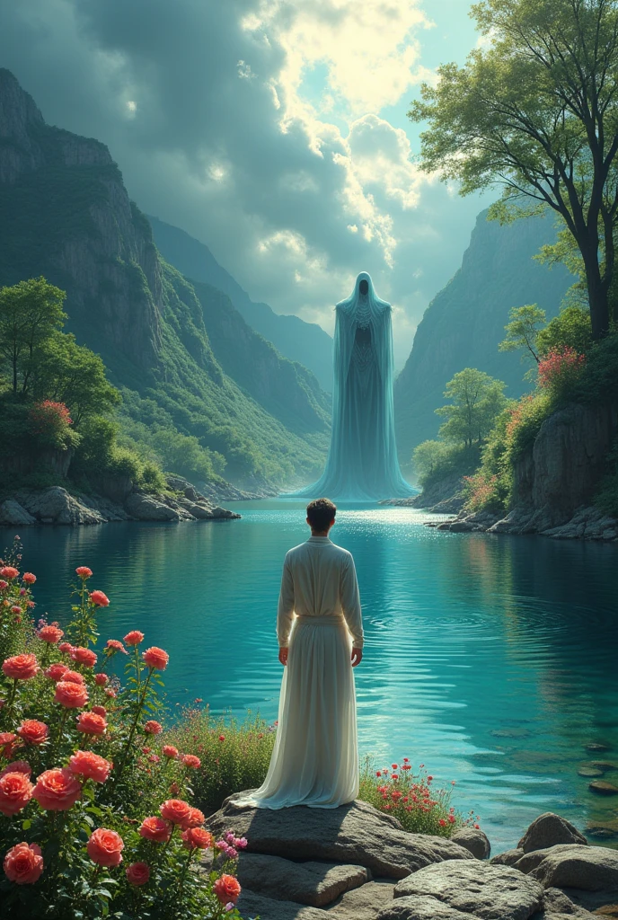 a character looking at himself in the reflection of a lake, his world is colorful and beautiful, the reflection is dark and macabre. As if it were a mirror of Good and Evil. He must be looking at himself in the lake. 

