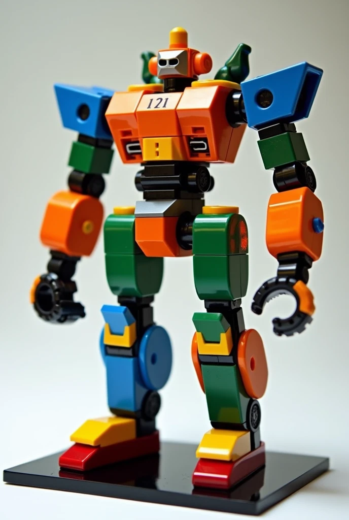 I need your help in making a robotic structure out of a Lego pieces I have in different colour shades like white green blue Orange red and yellow total number of Lego pieces are 50 in which 9 bytes nine orange 8 green 8 blue 8 red and 8 yellow and the dimension of Lego is 2*2make a structure from a which we can put it as a showpiece and creative art work