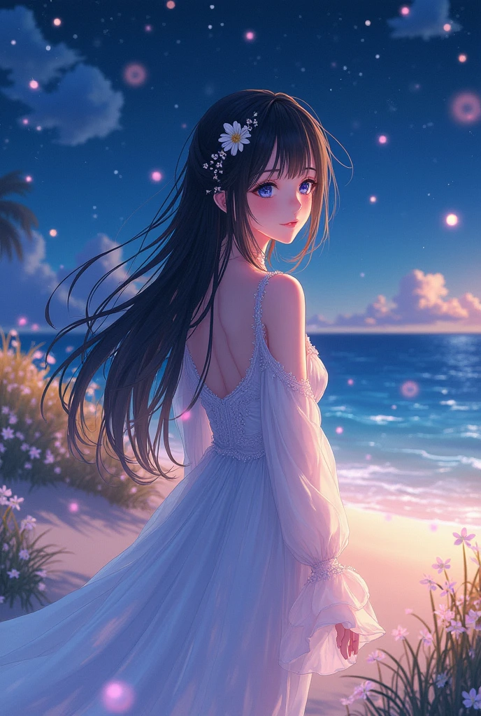 (masterpiece,Highest quality,,8k,High resolution),One female,(Beautiful Face,Beautiful Face)Beautiful eyes,Beautiful lips,,Black Hair,look back,(Anime Girl)、flower,Sandy beach with a view of the forest,A bright night with stars visible,Mysterious light particles emitting from the body、Very mysterious light、jewelry,Holding,Long sleeve,necklace,Long Hair,dress,(whole body),Highly detailed anime art,A complete portrayal、