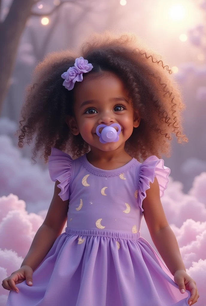 a 4 year old, of long curly hair, wearing a lilac pacifier and a lilac dress with a moon design, Your skin is mulatto