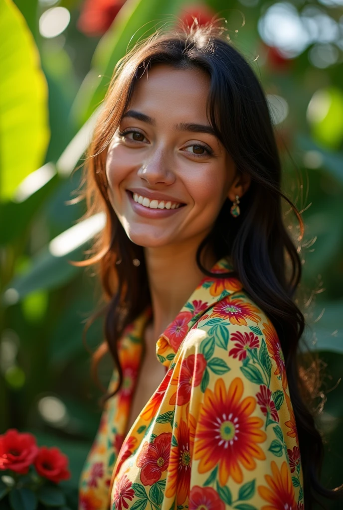 A Brazilian woman in a lush tropical garden, wearing an open shirt with a floral print, with a close-up capturing the harmonious beauty between her breasts and the natural flowers, showing off your natural charm and outgoing personality.