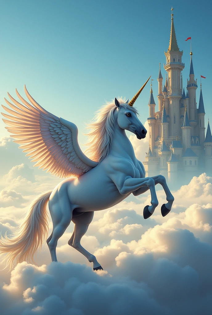 
a drawing of a neighing unicorn with wings spread across the brightly lit sky, White clouds and in the background a castle that stands out with light
