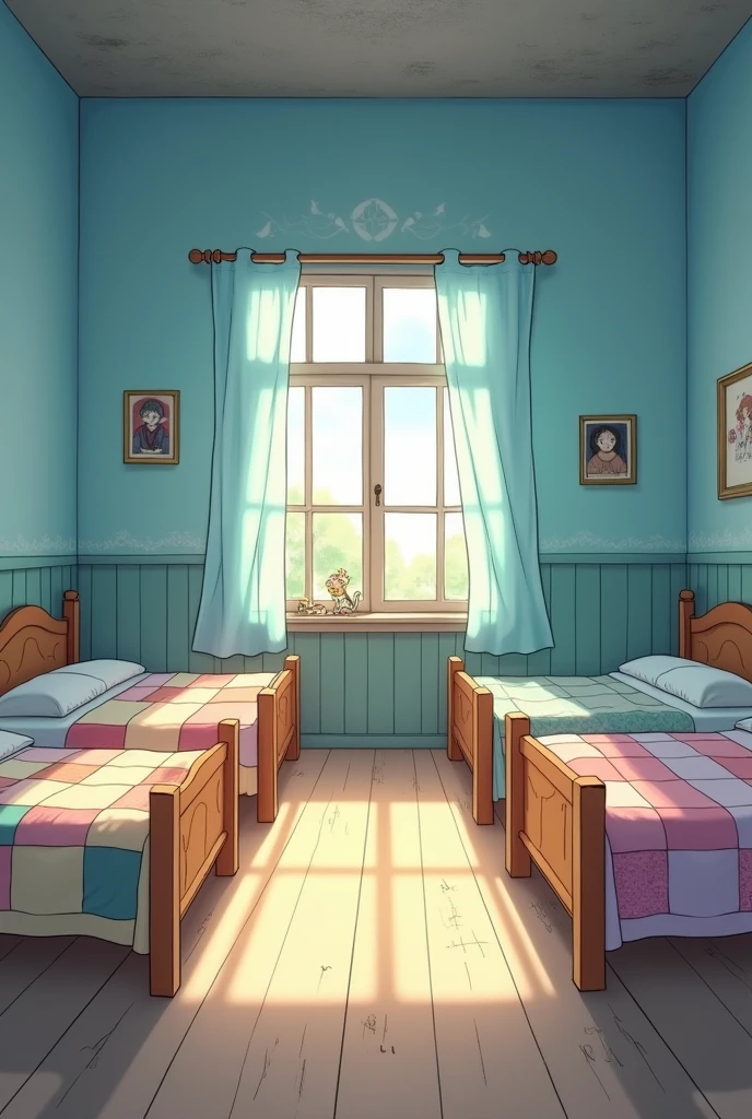 orphanage that has several beds and at the same time sky blue walls that look worn and is like an RPG game and with a general base drawing style in horizontal size, make it in a more animated style, make it like a simple anime drawing, not of realistic quality