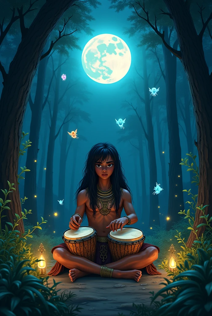 a sullen Indian named Riot is playing drums in the middle of the night forest, Loa spirits are flying around, drawing style like in the cartoon gravity Falls