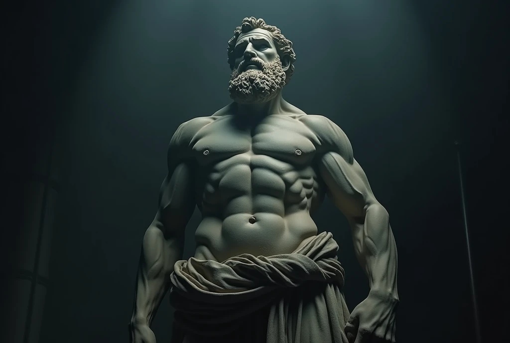A stoic statue in 4k stoic statue from Greece 8k movie with Hercules style and dark background pensive