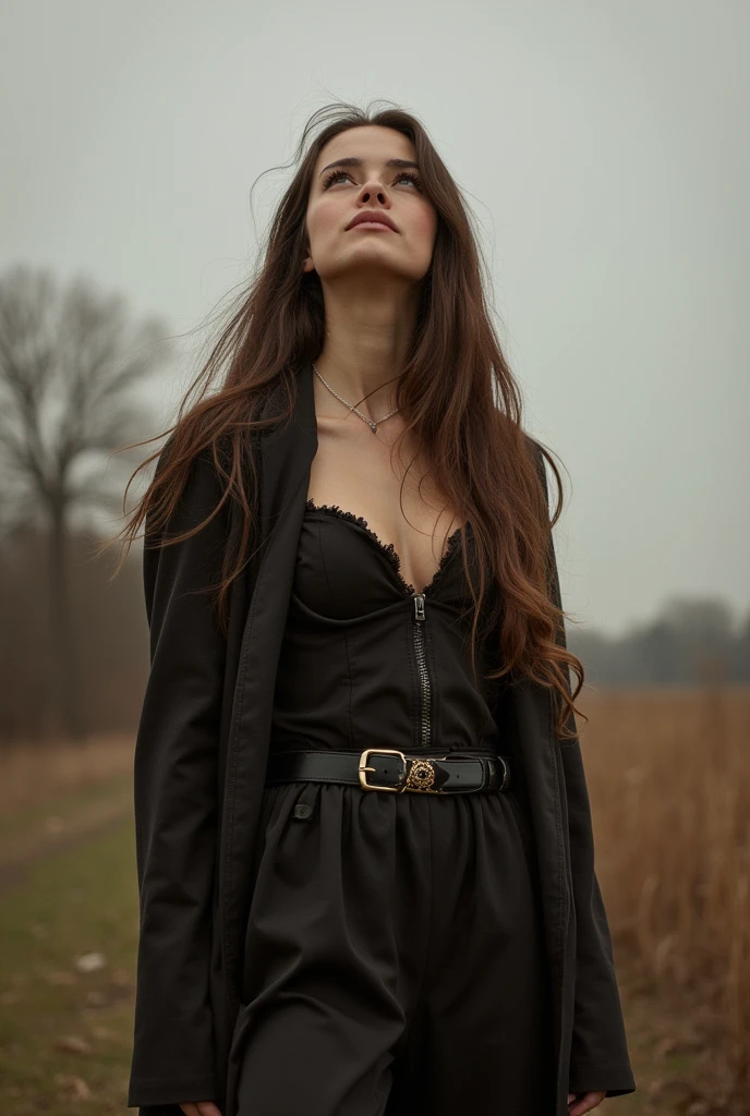 dutch woman, look up to the sky, long hair, chemise, coat, fully body, natta, Scenario