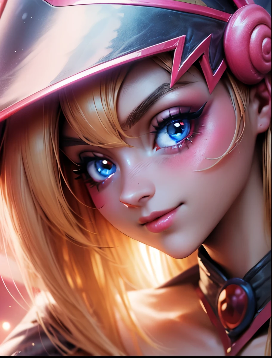 Create the beautiful face of dark magician gils. blue eyes. Extra long eyelashes. Thick Eyelashes. big eyelashes. pink lips. Tez blanca. blond hair. Tender girl smile. dark wizard gils