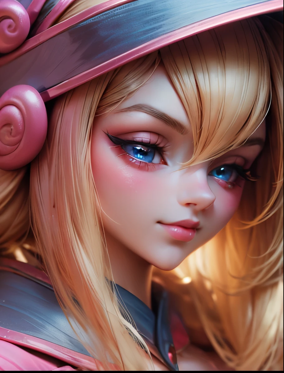Create the beautiful face of dark magician gils. blue eyes. Extra long eyelashes. Thick Eyelashes. big eyelashes. pink lips. Tez blanca. blond hair. Tender girl smile. dark wizard gils