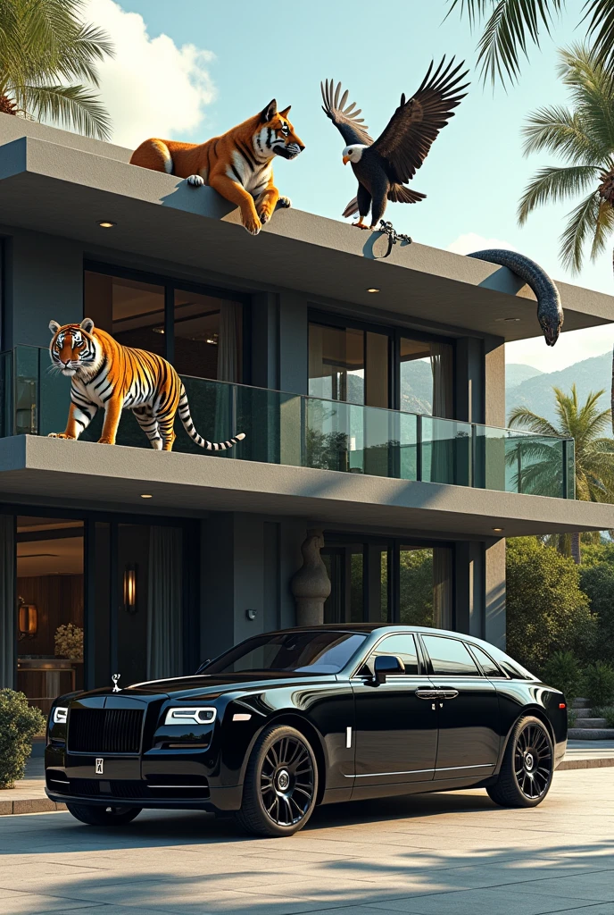 A two storey building with 4 rooms and 4 black luxury cars Parked in front of the house and a tiger leashed with the black rolls Royce. Also a giraffe and a snake are seen on the roof of the building and a dog on the first floor eating an eagle