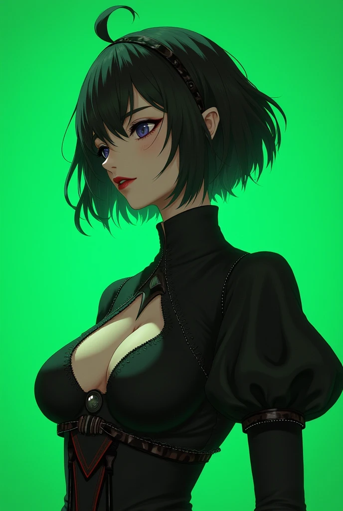 yorha no. 2 Type B, 1 girl, Oh!, (sale), old, neckline, neckline cutout, clothing trimming, green background, hair between the eyes, hair band, High resolution, juliet sleeves, long sleeves, nier (series), Nier Automata,  puffy sleeves, Red lips, shadowed face, short hair, Alone, turtleneck, Upper part of the body, by white, sky, big butt, nipple display, upper lip vaginal visualization 