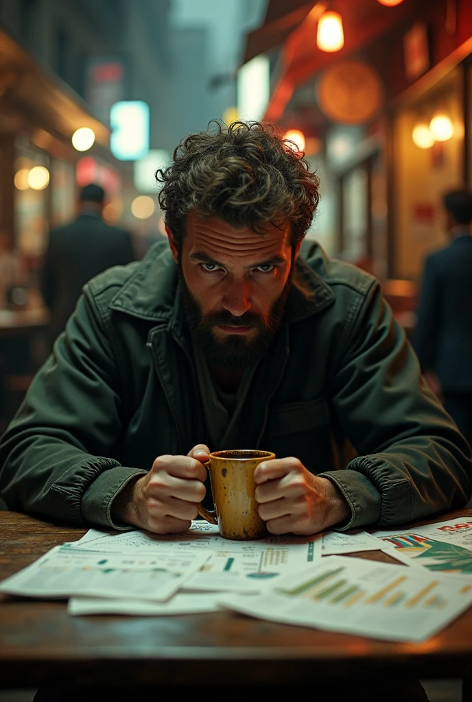 man making investment plans while sitting at his table with his coffee in his hands in a cafe and he dives into the distance. an unreliable and repulsive type