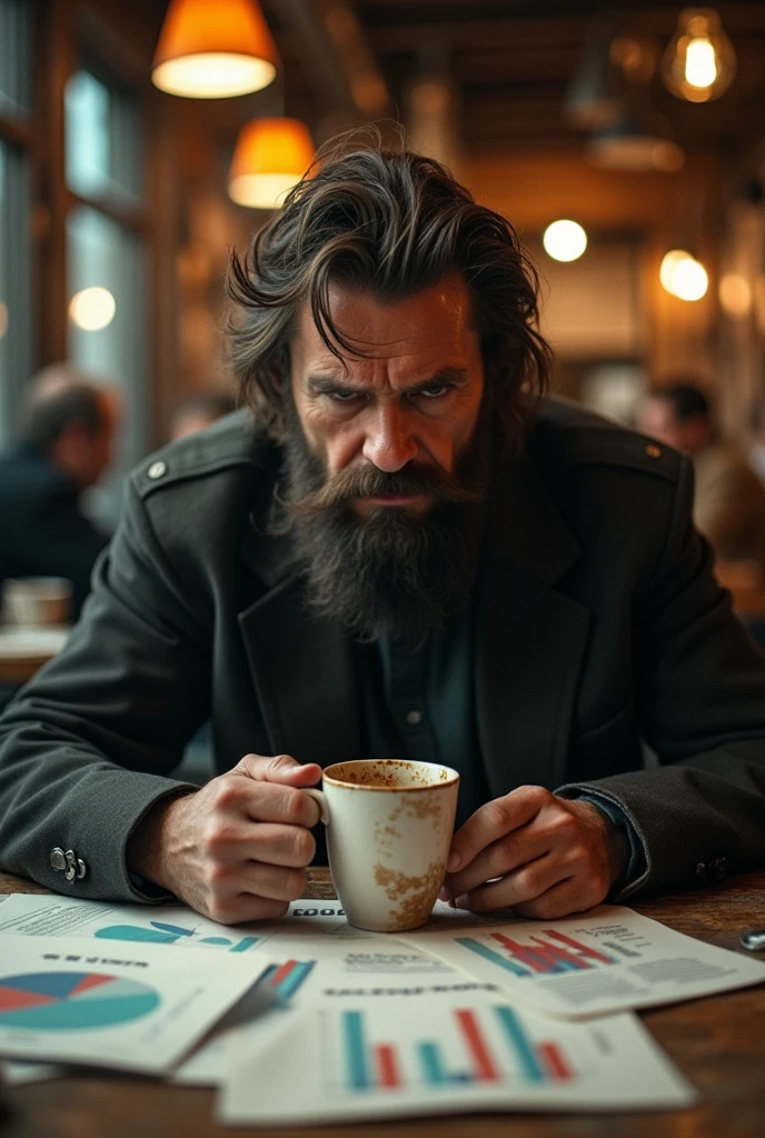 man making investment plans while sitting at his table with his coffee in his hands in a cafe and he dives into the distance. an unreliable and repulsive type
