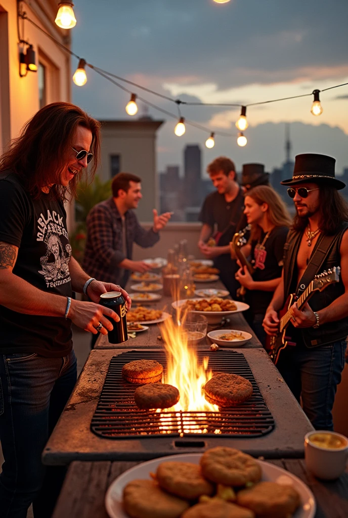Imagine a warm evening in a roof top. Gathered around a barbecue grill are some of the greatest icons of rock and metal. Ozzy Osbourne is standing next to the grill, holding tongs and flipping some burgers. He’s wearing his signature sunglasses and a black T-shirt with the Black Sabbath logo. James Hetfield from Metallica is laughing and chatting with Dave Grohl from Foo Fighters. James is holding a beer, and Dave has an acoustic guitar, strumming a few notes. Slash from Guns N’ Roses is sitting in a beach chair, wearing his top hat and sunglasses, playing a solo on his guitar. Bruce Dickinson from Iron Maiden is serving some skewers to Rob Halford from Judas Priest, who is dressed in his studded leather jacket. Lemmy Kilmister from Motörhead is in the background, near a table full of food and drinks, talking with Kurt Cobain from Nirvana, who is wearing a flannel shirt and ripped jeans. The atmosphere is relaxed and full of laughter, with music playing in the background and the delicious smell of barbecue in the air.