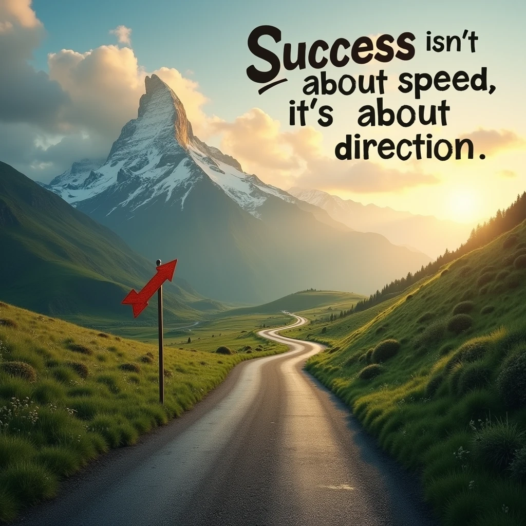 A dynamic image of a winding road leading toward a distant mountain peak, with a single arrow sign pointing toward the summit. The text ‘Success isn’t about speed; it’s about direction’ is bold and clear, set against a backdrop of a serene sunrise, symbolizing new beginnings and purposeful progress.”