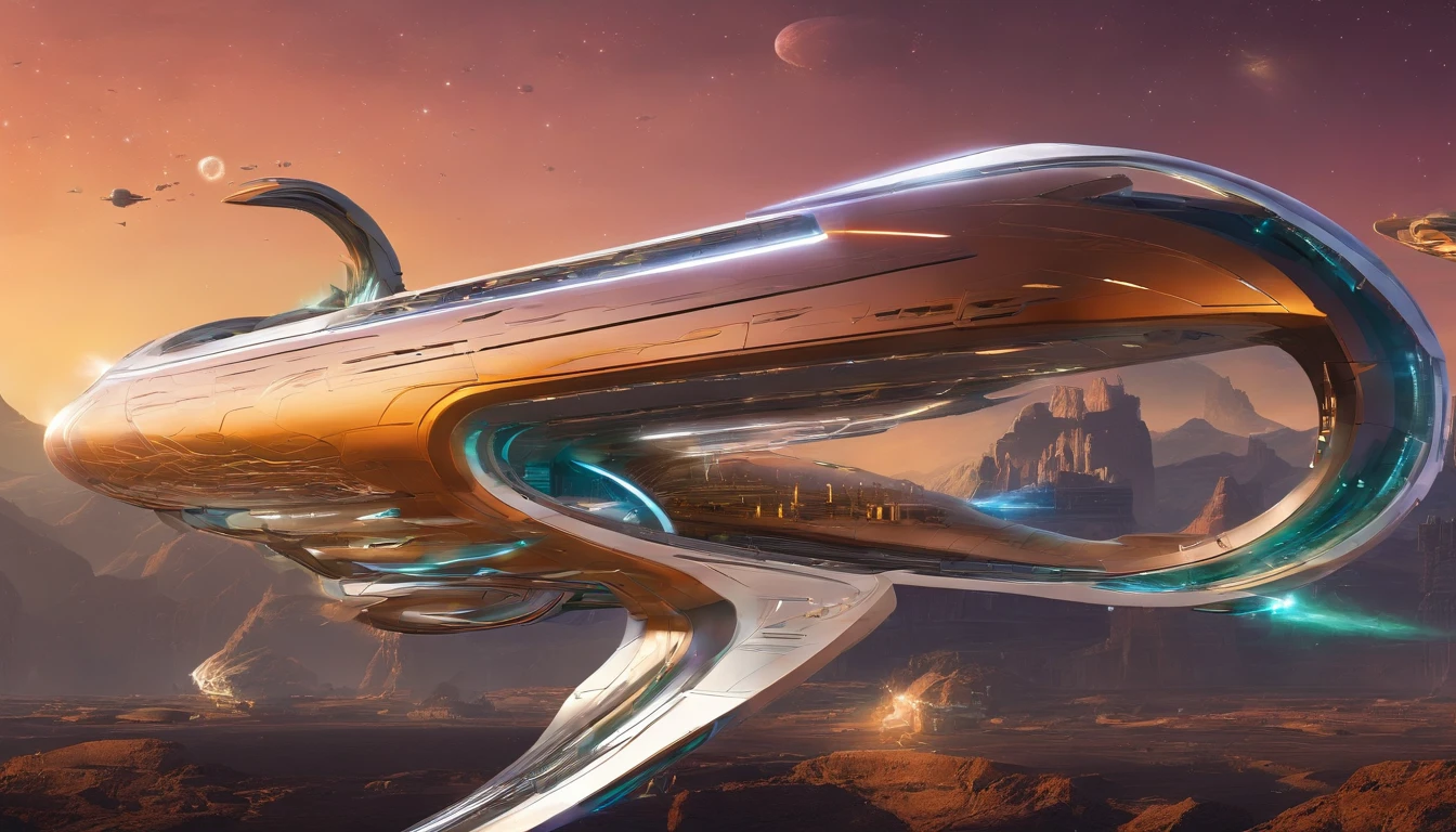 A starship,very intricate details, aesthetic.The ship is adorned + reddish gold royalistic details, green gears, levers, exact patterns, contrasting + its metallic gold body.Background has stars, ships, & gigantic Earth-type planet.750k UHD 4D. Styles of Larry Niven, & Miles Jeffries .Hyperrealistic, vibrant bright diamond bus train combo.