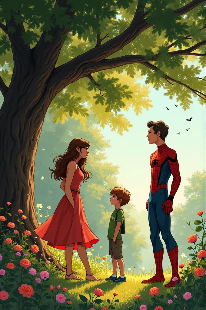 Mary Jane and Harry Osborn in the background talking in a park. Peter parker watching them. 