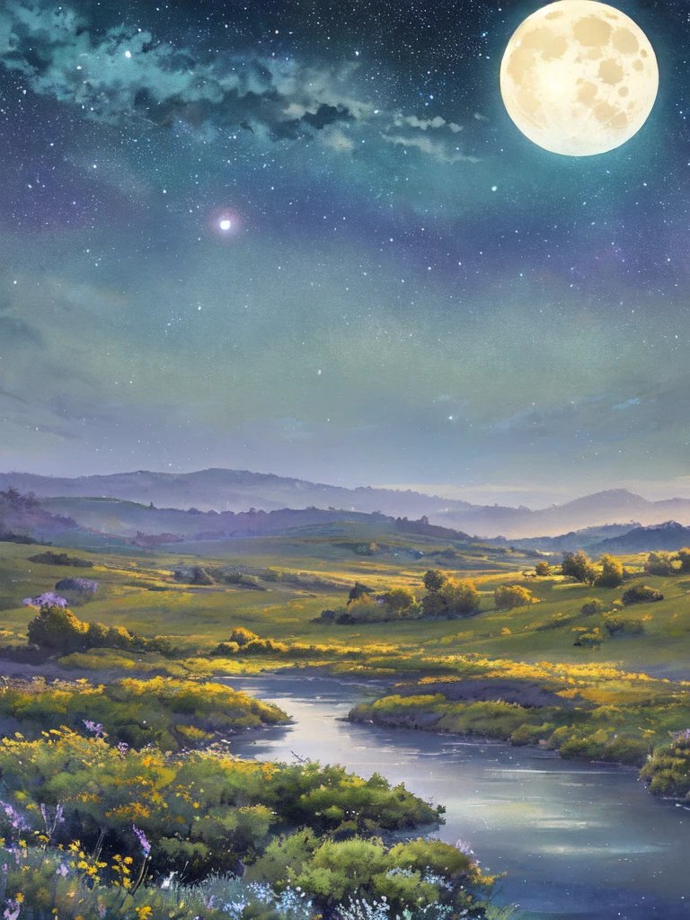 Glowing moon, fantasy landscape, ethereal watercolor style, bright full moon as the central focus, softly illuminating the scene, surrounding landscape fading into soft hues of blue and purple, delicate sparkles drifting through the air, distant stars barely visible, cool blues and silvers, tranquil ambiance, otherworldly glow, serene and mystical mood, subtle fading effect