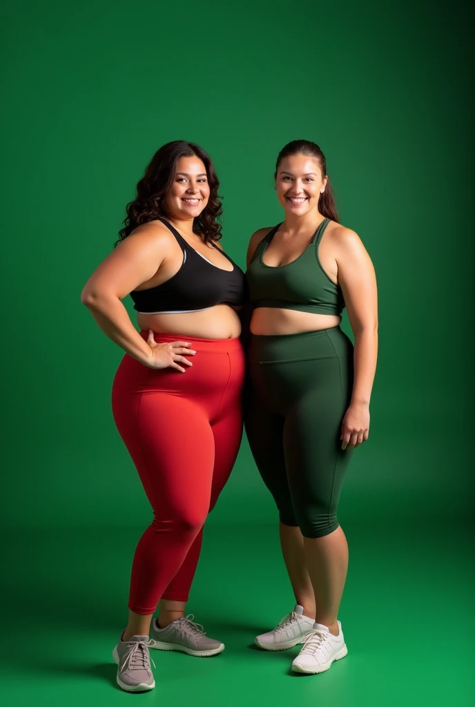 plus size model poses with slim model on green colored photo background, both in fitness clothing
