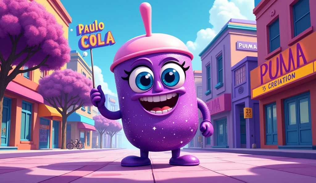 Create an image with the name “Paulo Cola” AND the number “23", AND draw a sign for a city called “Piuma”. Purple as the main color theme.