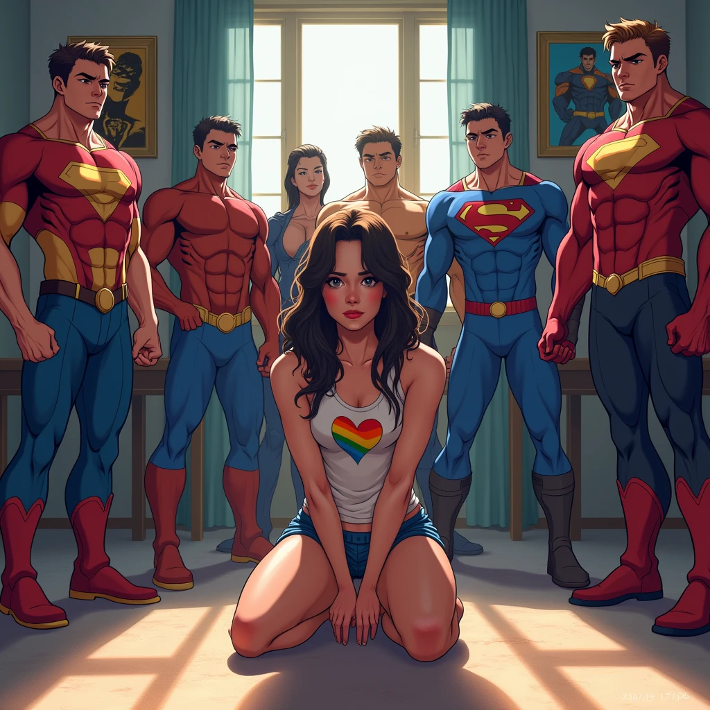 anime art: marvel art style, a lesbian woman wearing lgbt shirt she's sad, she's kneeling in a room filled with masculine fit men wearing siper hero outfit with big bulges