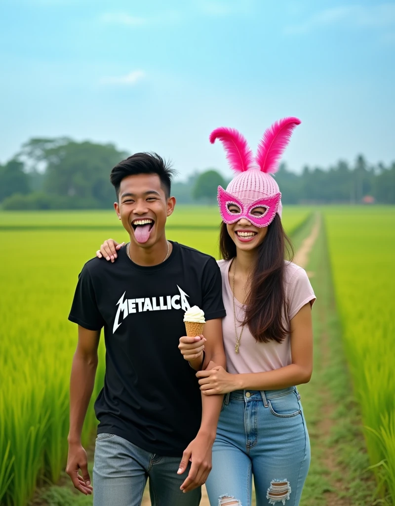 original photo. An Indonesian young man wearing a black Metallica t-shirt. Walking beside him was a young Indonesian woman wearing a pink feather mask. wearing casual clothes holding and licking ice cream with his tongue sticking out. atmosphere. rural rice fields. Ultra-realistic 8K photo, taken with Leica Q2, strong color contrast and sharp clarity --ar 9:16 --quality 2 --