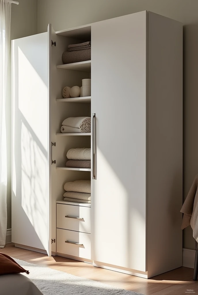 A rendered image of a melamine cabinet with a height of 2850mm, Width 1250mm and depth 520mm. that can be used to store bed linen and towels, that does not have drawers but has doors