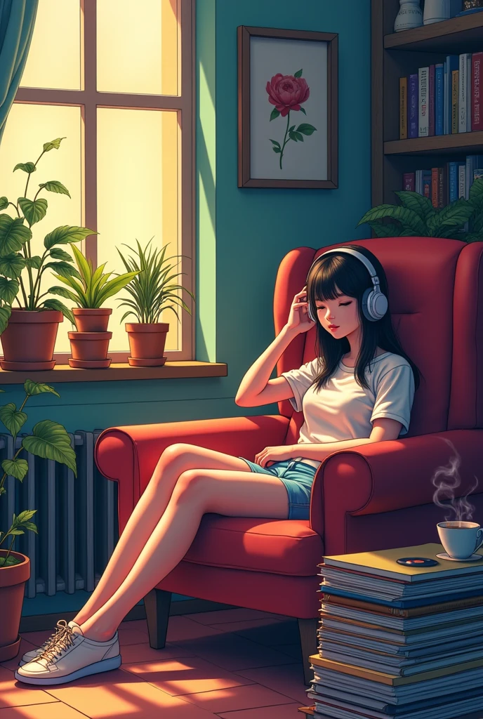 anime style scene of a woman with headphones on sideways, cadeira lendo Lofi Stylestyle, in the style of atey ghailan, Lofi Style, inspired by Atey Ghailan, lofi hip hop, lofi girl, lofi aesthetic girl, atey ghailan 8k, Lofi hears