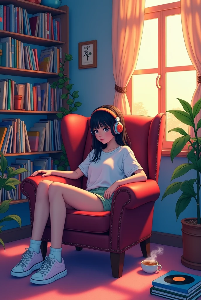 anime style scene of a woman with headphones on sideways, cadeira lendo Lofi Stylestyle, in the style of atey ghailan, Lofi Style, inspired by Atey Ghailan, lofi hip hop, lofi girl, lofi aesthetic girl, atey ghailan 8k, Lofi hears