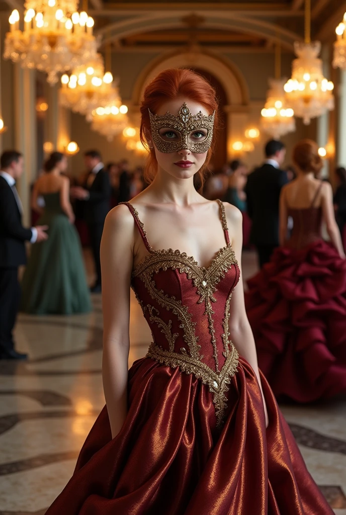 Redhead woman in ball gown and mask, fully body