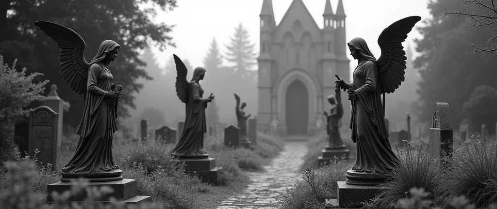 Cemetery landscape with few angel statues, with gothic architecture in the background, with some skeletons coming out of the grave, black andwhite