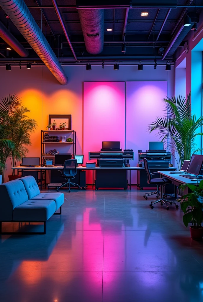 Graphic agency shop production workshop with many graphic arts printers material area such as vinyl paper tools and cutting tables, a reception bar for customer service with graphic design computers this bar prevents the passage of unauthorized personnel the production workshop can be seen from the small waiting area with sofa chairs and plants. The whole place without windows with gradient shades of blue orange and fuchsia