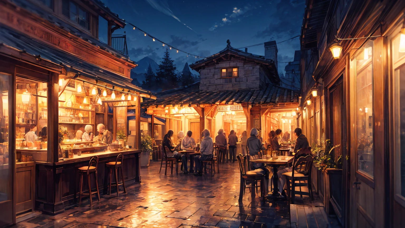 ((Highest quality)), ((masterpiece)), (detailed), Cafe, night, Warm Light, watercolor, blurry background