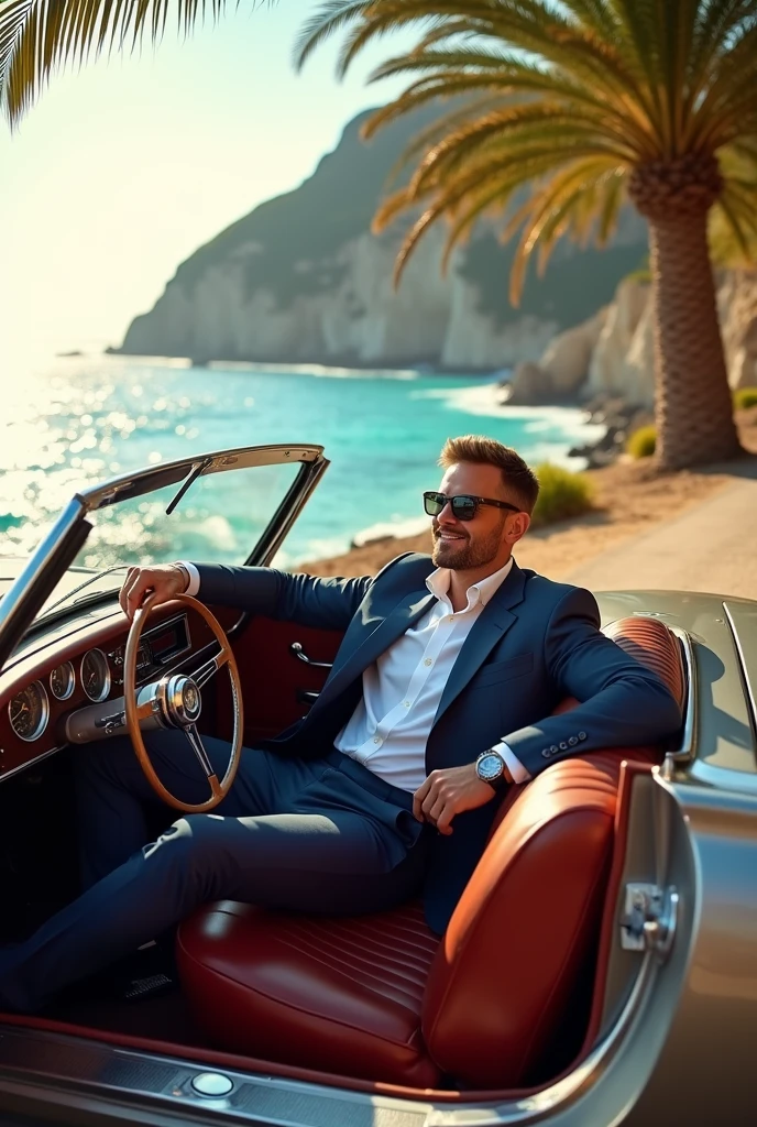 A rich man sitting in a beautiful car