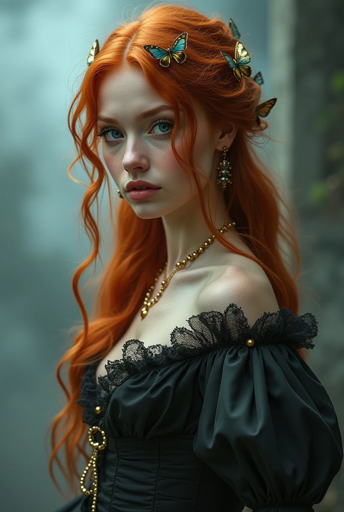 (solo, full body photo:1.3), (action packed:1.3), (haze, fog, mist:1.3), chiaroscuro, best quality, photorealistic, 1woman, (cute), (24yo:1.2), redhead, long ginger hair highly detailed, 1700'S, digital photography, art by artgerm and ruan jia and greg rutkowski surreal painting gold butterfly filigree, broken glass, (masterpiece, sidelighting, finely detailed Fashionable eyes: 1.2) (perfect oval large eyes that gazes at the viewer), beautiful detailed face, blue gorgeous perfect eyes, (blonde hair ponytail), (attractive young woman:1.3), (thick amazing hair), (seductive:1.1), (blushing:1.1)