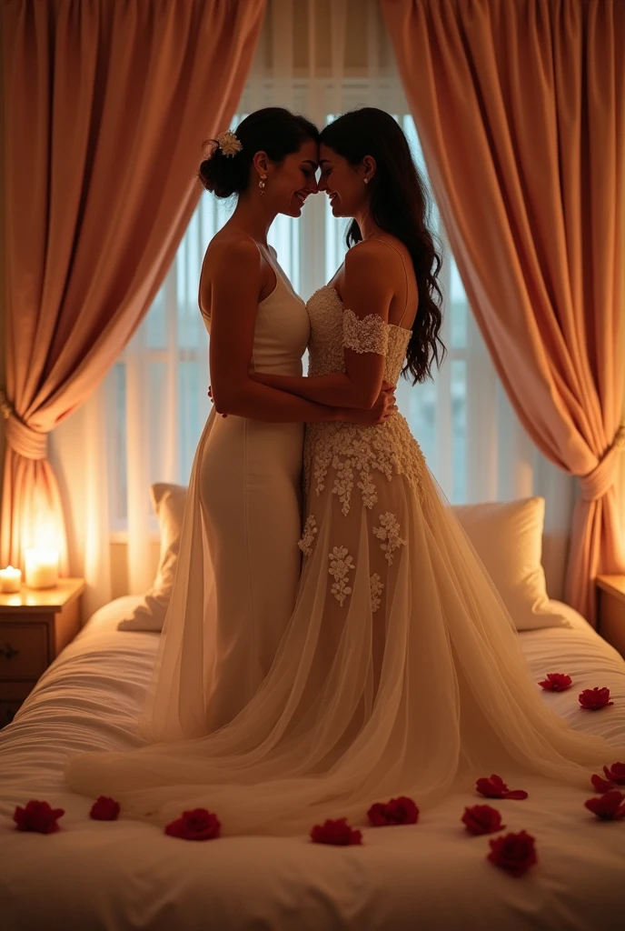 42 years old women has height 5.4 inches and her size is 36 30 38. Women wearing bride dress. Bedroom well decorated for honeymoon. And doing romance with 21 years old guy