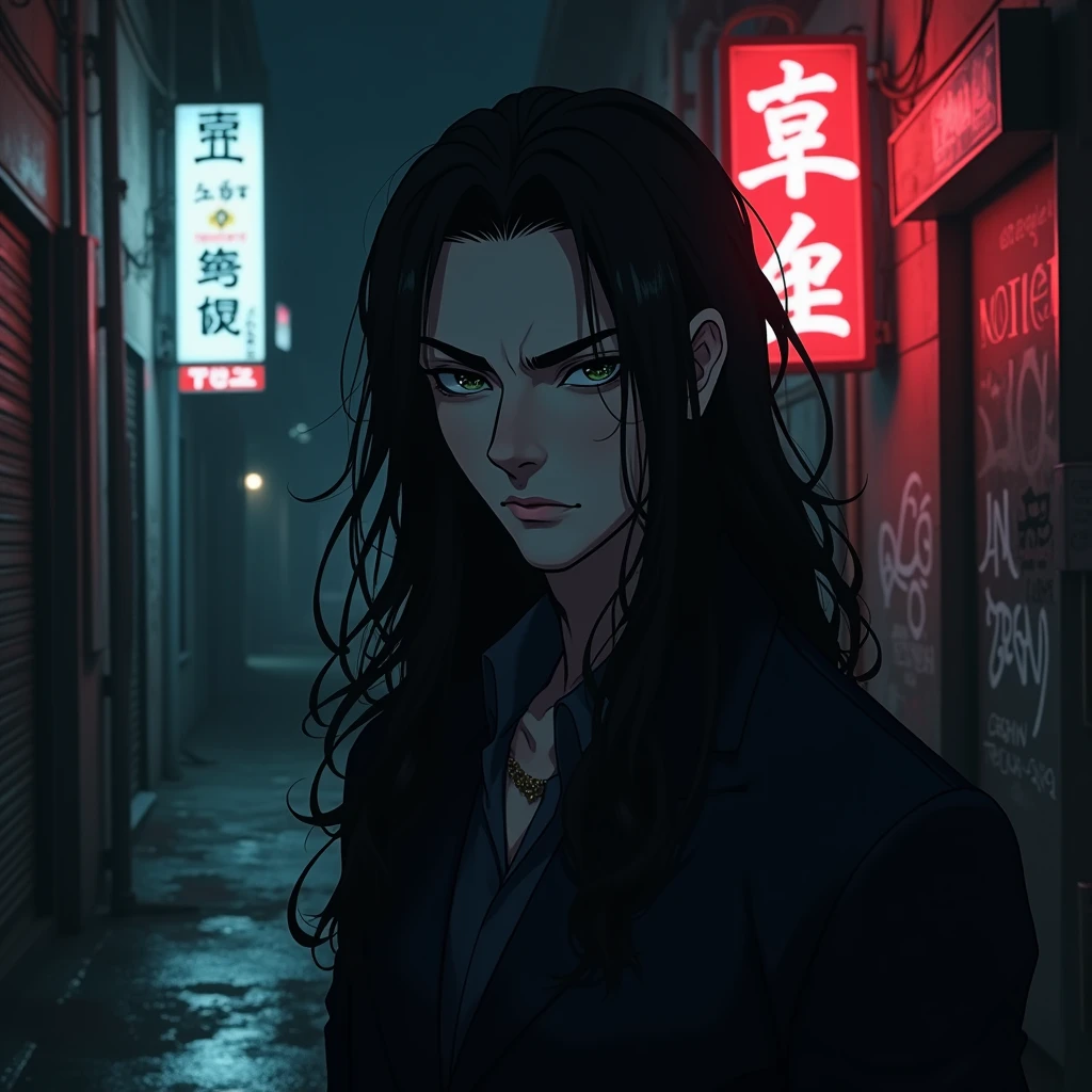A mafia man, Long hair,pale skin, Asian men, detailed face, anime style, focus on face