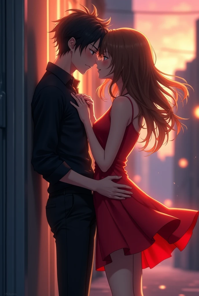 Anime scene: a boy who is 5'8 height young adult boy wearing black shirt and pant formally who has pused a girl into the wall, the girl is 5'3 height wearing a red dress,boys left hand is on the wall and right hand is on her cheeks and girls hand is on his shirts collor, they are about to kiss , focus the boy and girl, make it more beautiful
