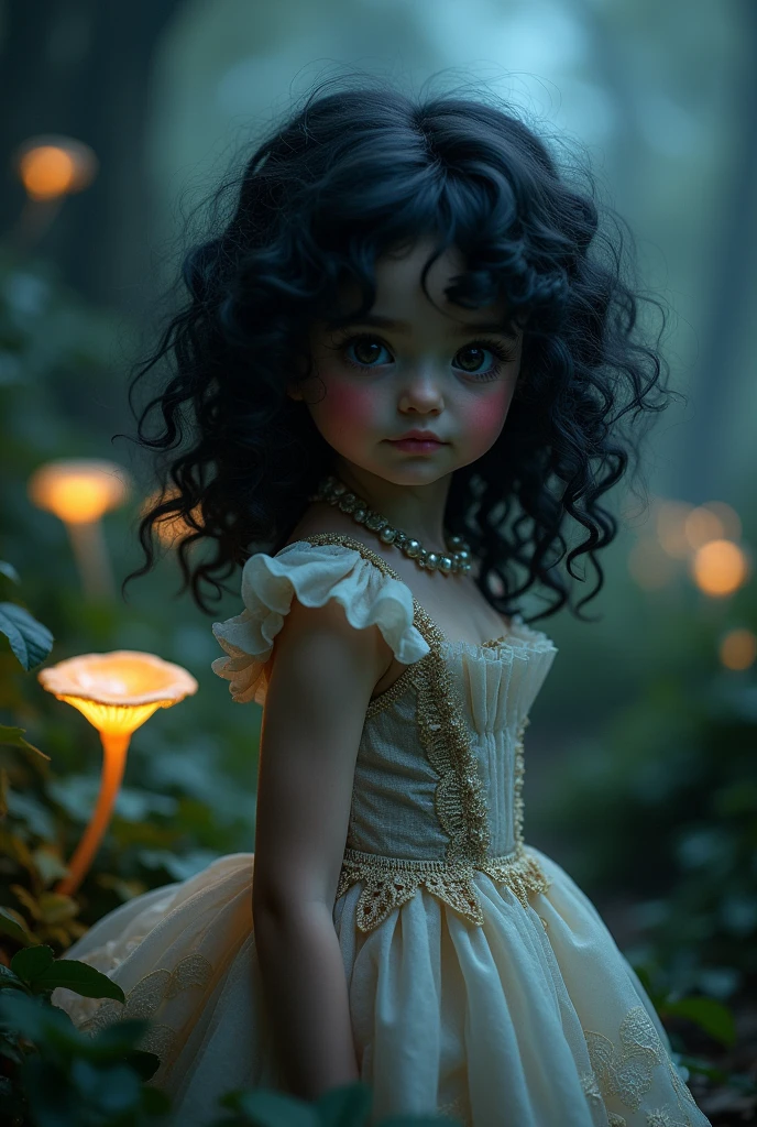 Girl, black curly hair, forest, dark fantasy, fungus, tender, anime, dark eyes, pink cheeks, Victorian age,