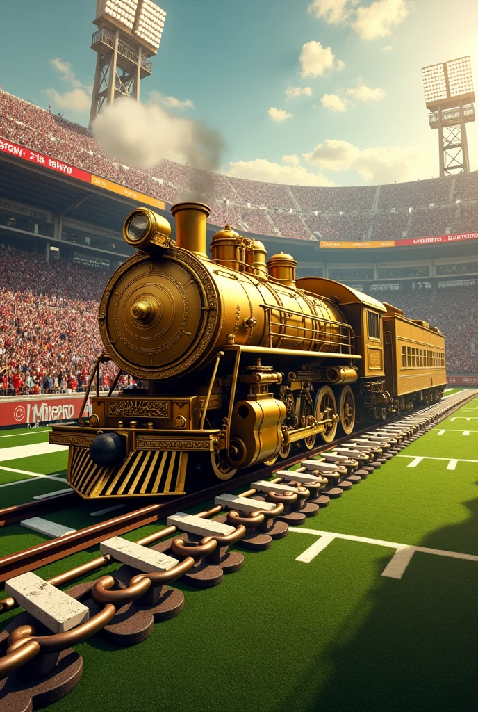 Golden locomotive moving forward on American football chains
