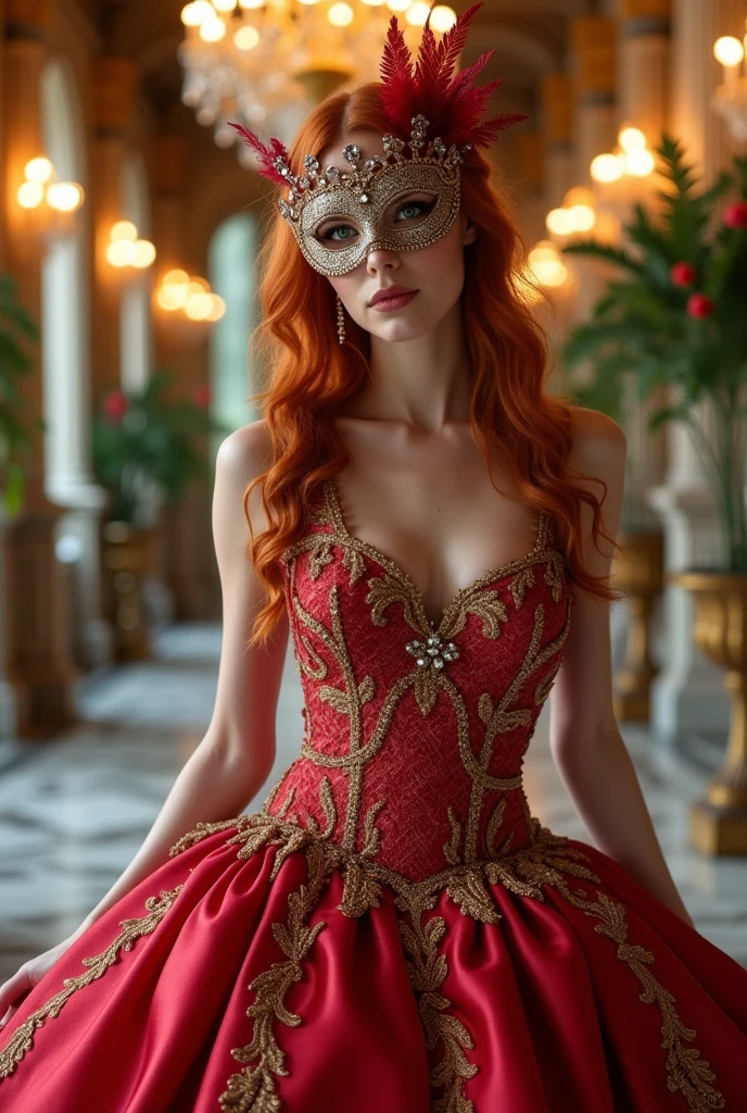 Redhead woman in ball gown and mask, fully body
