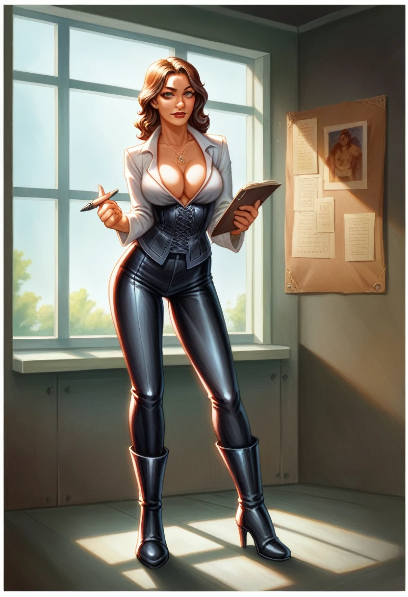 ultrarealistic, hyperrealist, analog style, full-length, plunging leather corset top, Carol Vorderman, leather leggings, cleavage, no shirt, voluptuous, scene set in futuristic office with window, necklace, boots, 4k, intricate details, highly detailed, wet hair, smooth soft skin, symmetrical, soft lighting, detailed face, looking into camera., hairlight, art by vladimir volegov and Fabian Perez painting style, Edith Lebeau art style, penthouse model, Riccardo Federici, takato yamamoto, color ink and watercolor, sf, intricate artwork masterpiece, ominous, matte painting movie poster, golden ratio, trending on cgsociety, intricate, epic, trending on artstation, by artgerm, h. r. giger and beksinski, highly detailed, vibrant, production cinematic character render, ultra high quality model