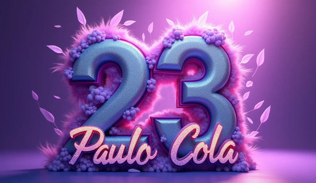 Please create an image with the name “Paulo Cola” AND the number “23", AND draw a sign with the name "Piuma", use purple as the main color theme.