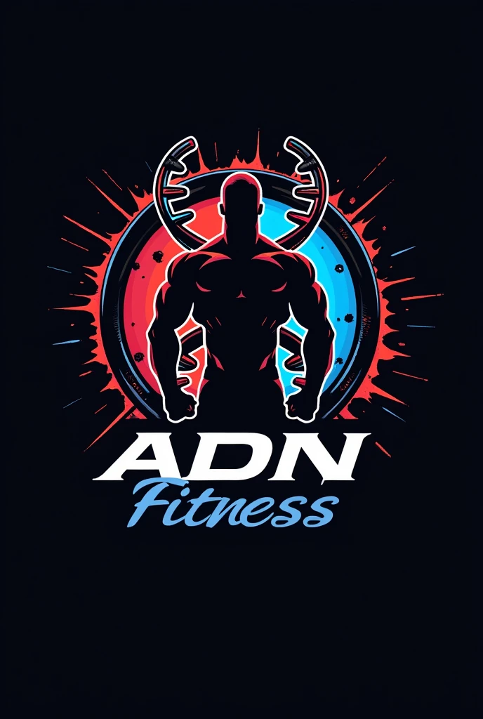 A logo for a gym that says "ADN Fitness" and that has to do with bodybuilding and DNA
